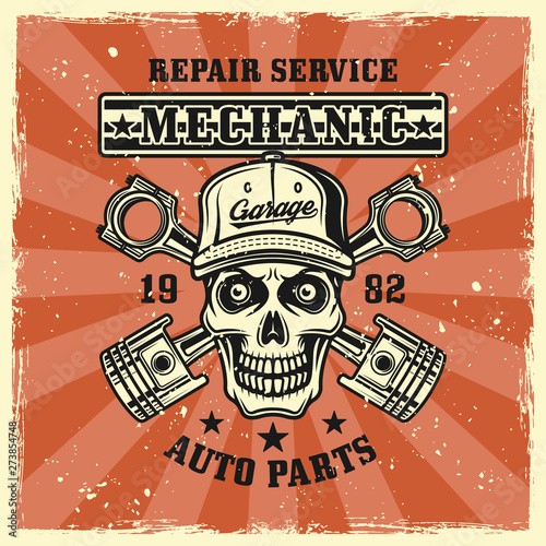 Mechanic skull and crossed pistons vector emblem