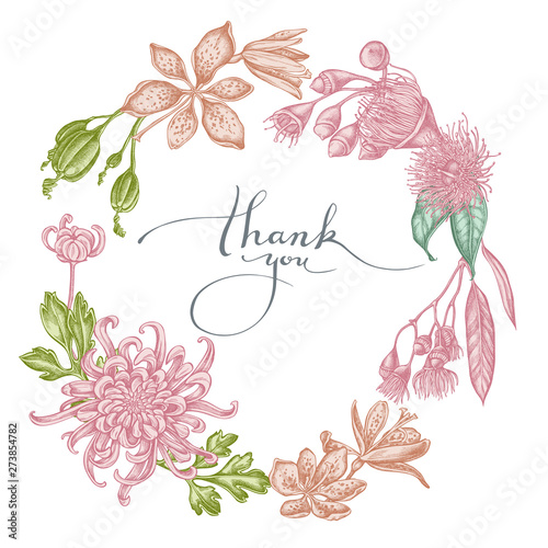 Floral Wreath of pastel japanese chrysanthemum, blackberry lily, eucalyptus flower