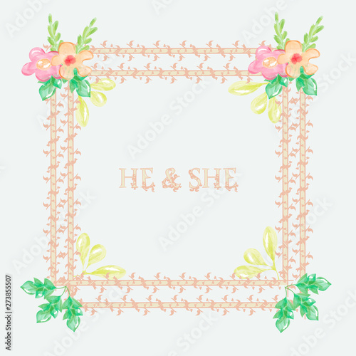 Wedding invitation floral card with rose,cotton,succulent,eucalypyus leaves in watercolor style. Botanical template with golden frame and flowers for invite, greeting and covers, poligraphy