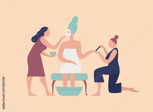 Braid with facial mask on face and pair of assistants making manicure and pedicure