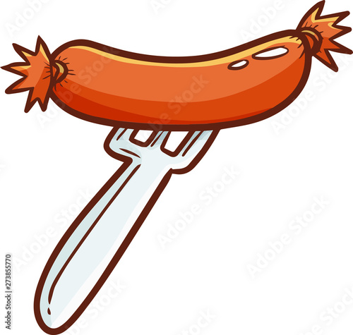 Funny and yummy sausage on silver fork