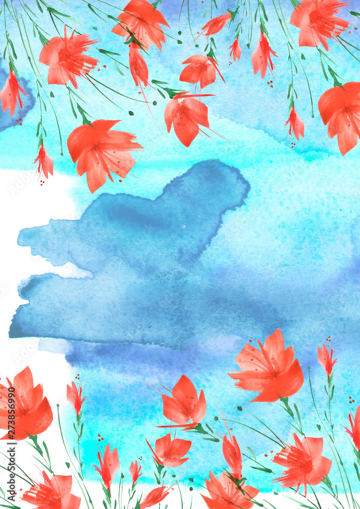 Watercolor painting. A bouquet of flowers of red poppies, wildflowers. Hand drawn watercolor floral illustration, logo. grass,Hill, blue sky. abstract paint splash