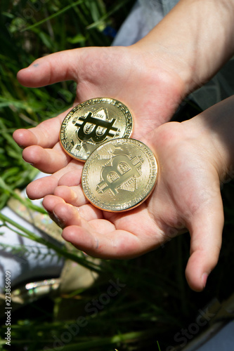 Bitcoins in children's hands. Children's hands hold gold bitcoins on the background of green grass.