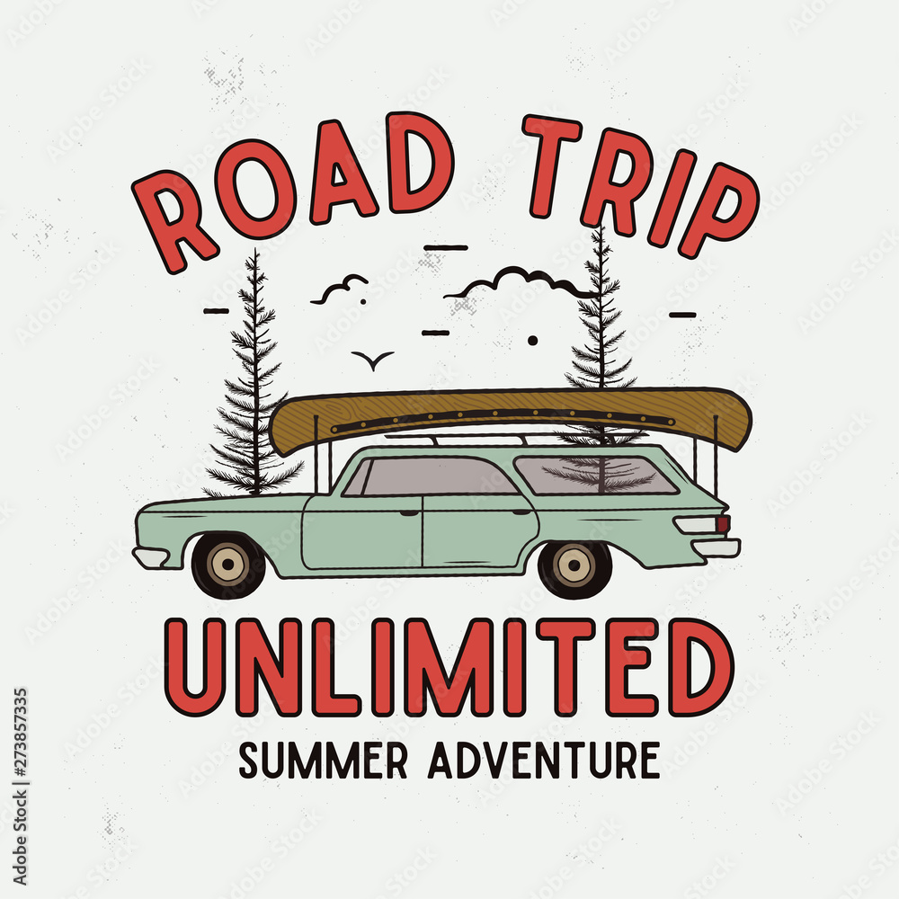 Road Trip Summer Adventure Graphic for T-Shirt, prints. Vintage hand drawn camp emblem. Retro travel scene with trees, unusual badge. Outdoor Label. Stock vector