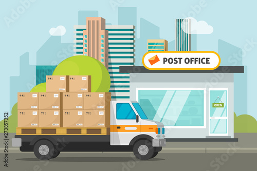 Post office on city street and cargo truck loaded parcel boxes vector illustration, flat cartoon postoffice storage building and delivery car, transportation or delivery photo