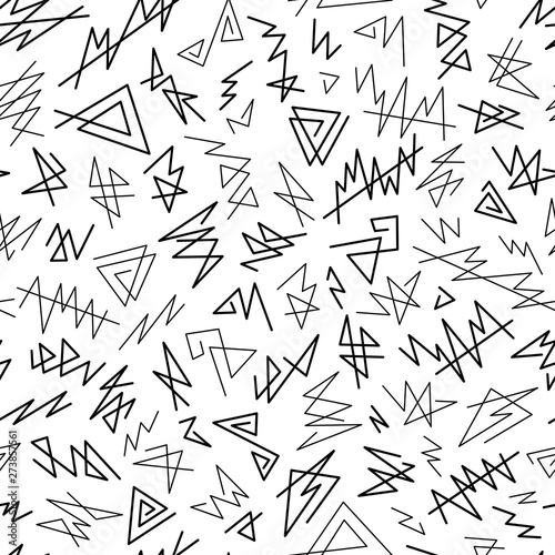 Abstract Graphic Uncolored Seamless Pattern of Black Angular Lines Scribbles on White Backdrop.