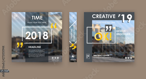Abstract patch brochure cover design. Black info data banner frame. Techno title sheet model set. Modern vector front page art. Urban city blurb texture. Yellow citation figure icon. Ad flyer text.