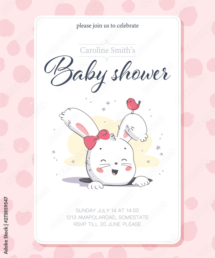 Vector baby shower design template. Cute hand drawn little bunny girl character in hole. Flat lay. Pastel colors. For happy birthday and anniversary party invitations, greeting cards, tags etc.