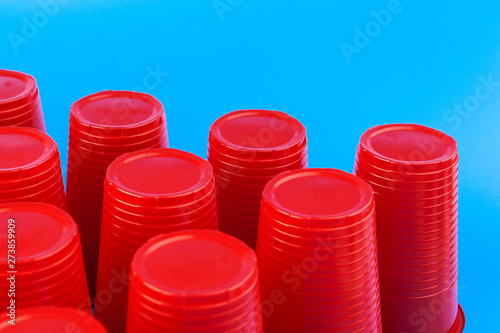 Close up image of red plastic cups