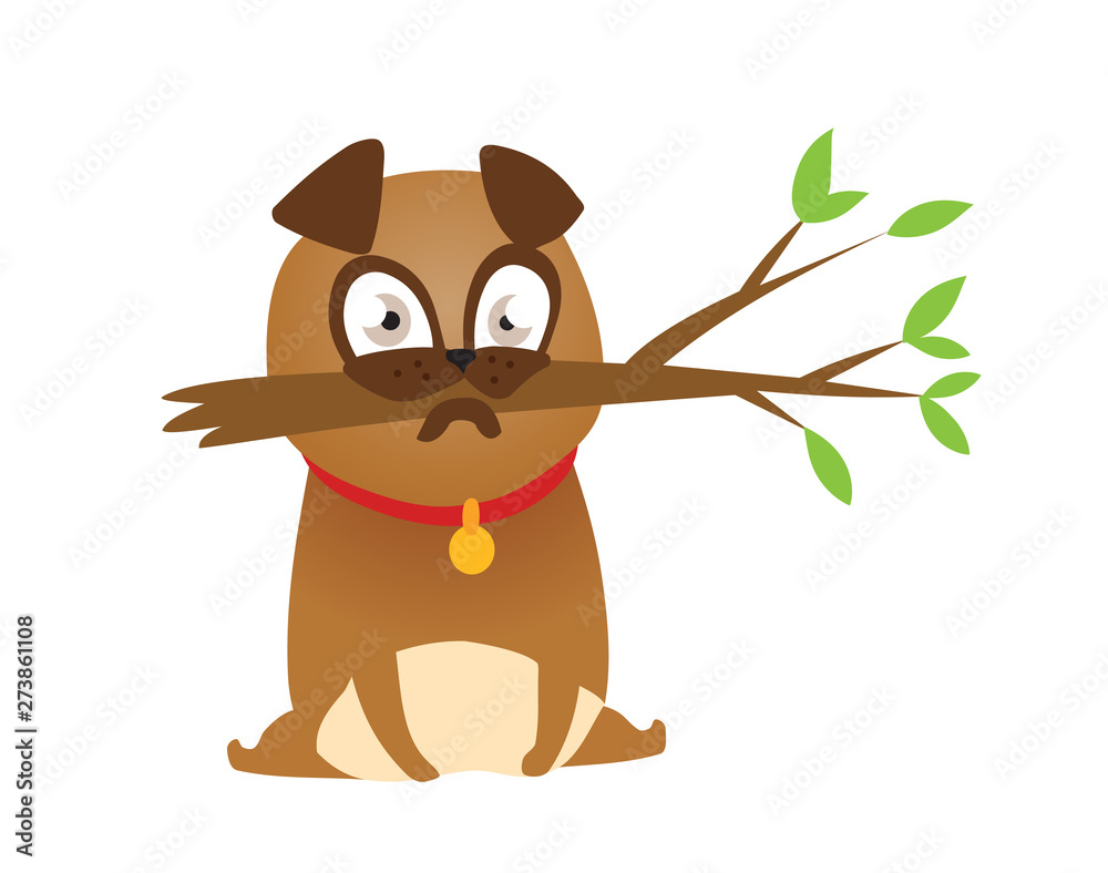 Obraz premium Adorable beige Pug puppie with branch. Humor print vector illustration.