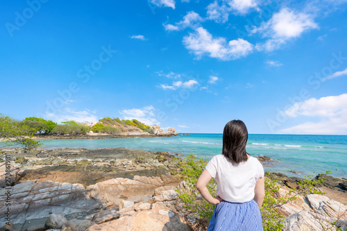 Young girl woman female on Beautiful Tropical Beach PP Island, Krabi, Phuket, Thailand blue ocean background Women items vacation accessories for holiday long weekend idea for planning travel