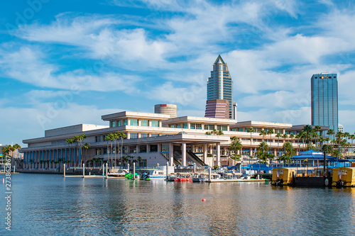  Tampa Bay, Florida. April 28, 2019 . Tampa Convention Center and colorful taxi boats (4).