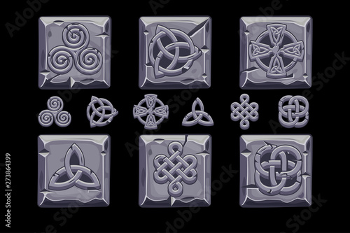 Celtic symbols. Cartoon set celtic icons on stone square. Objects on separate layers.