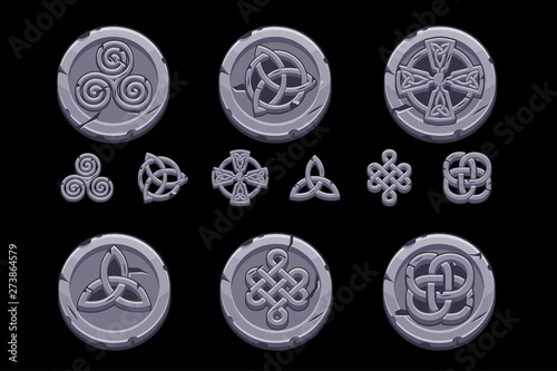 Celtic symbols. Cartoon set celtic icons on stone coin. Objects on separate layers.
