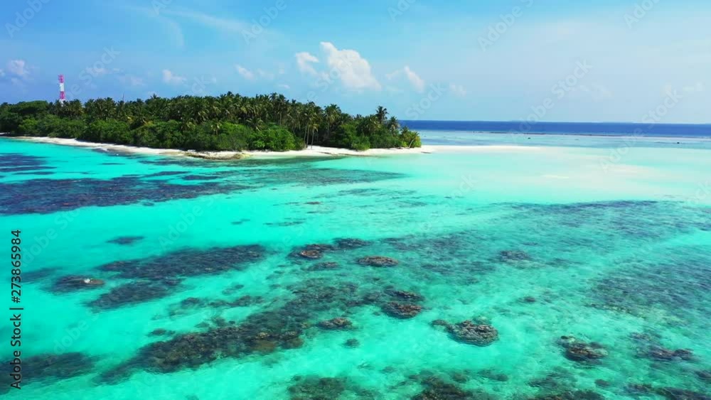 aerial drone dolly in shot of crystal clear water with coral colony and distant tropical island with white sand and palm forest aerial drone dolly in shot of crystal clear water with coral colony and distant tropical island with white sand and palm forest