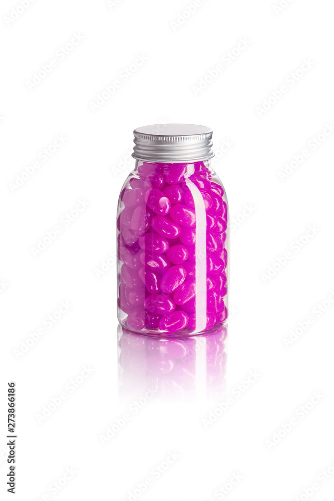 Violet Candy Beans packaged in a glossy and transparent container on a white background Violet Candy Beans packaged in a glossy and transparent container on a white background