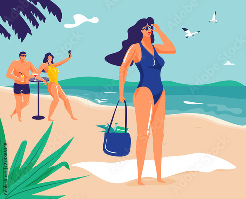Lady in blue swimsuit and sunglasses looking on the beach with couple making selfie in background. Vacation / holidays illustration.