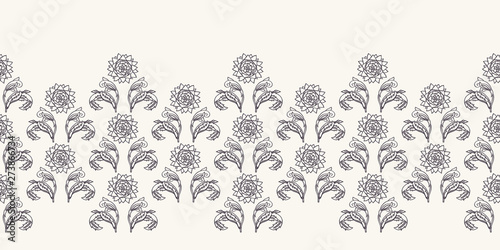 Art Nouveau ornamental flower motif border. Jugendstil style ribbon trim. Retro floral damask textile tape. Decorative arts crafts folksy home decor. Modernist trendy monochrome. Vector seamless edge