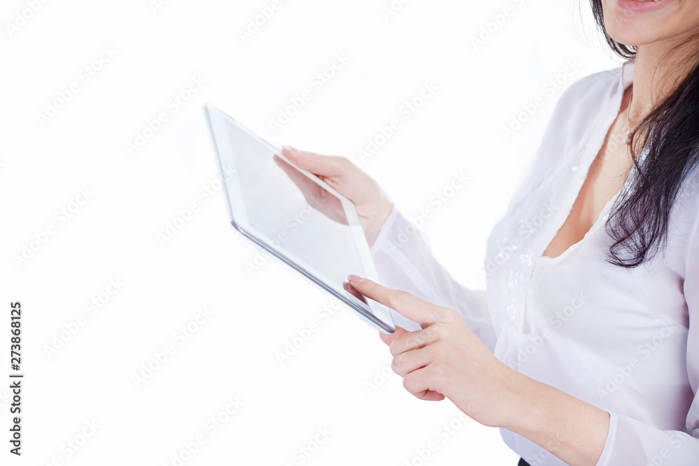 close up. business woman uses digital tablet . close up. business woman uses digital tablet .