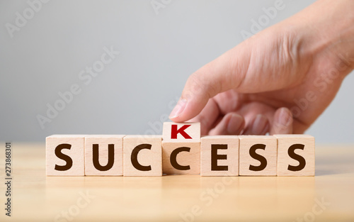 Hand flip wooden cube block with word suck to success. Concept of successful in business