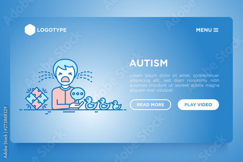 Autism symptoms and adaptive skills: child is crying in hysterics, thin line icons: repetitive behavior, stereotypy, communication, social interaction. Modern vector illustration. photo