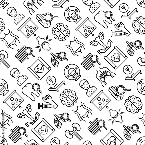Hospital seamless pattern with thin line icons for doctor's notation: neurologist, gastroenterologist, manual therapy, ophtalmologist, cardiology, allergist, dermatologist. Vector illustration.