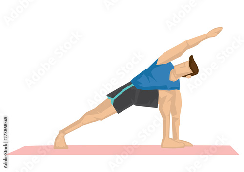 Illustration of a strong man practicing yoga with a standing side sketch pose.