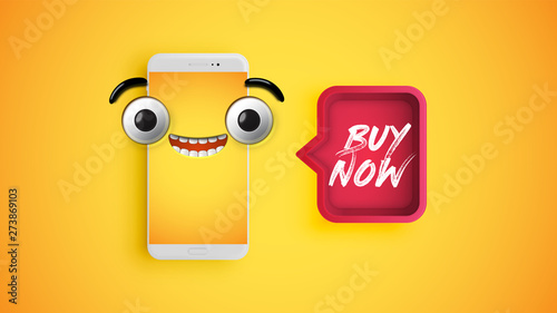 High detailed yellow emoticon on a smartphone with a red speech bubble, vector illustration