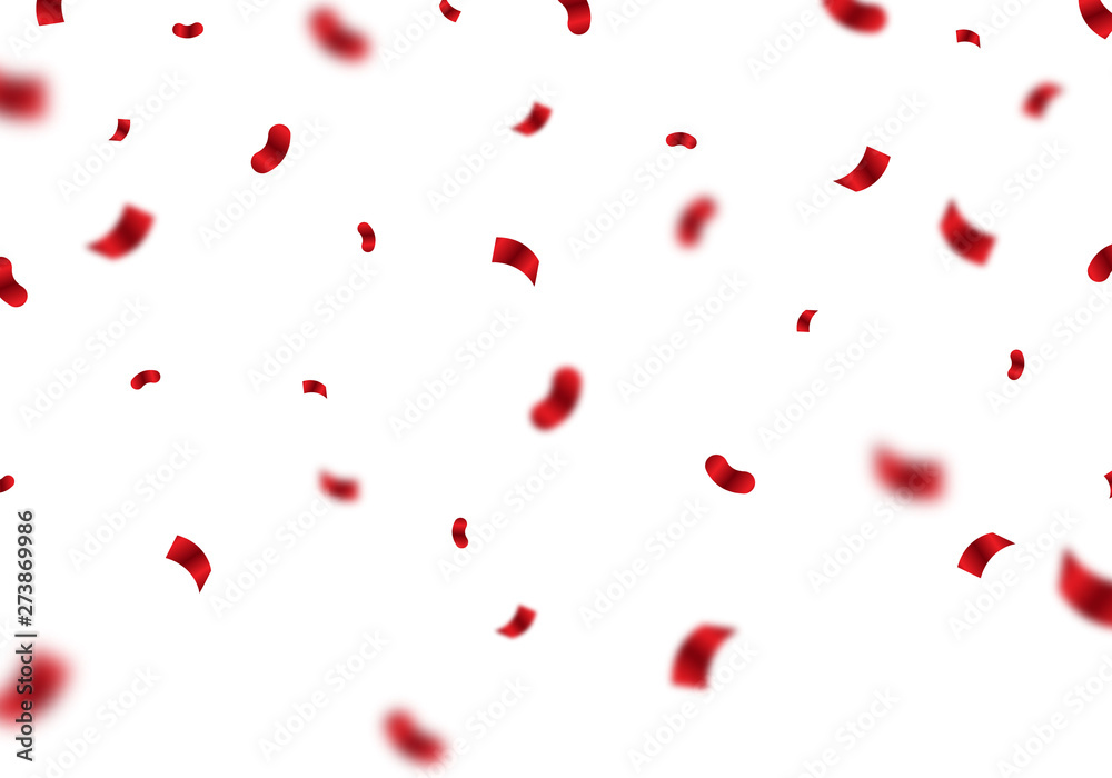 The bright red confetti background is falling on the white floor. Vector design for celebrations