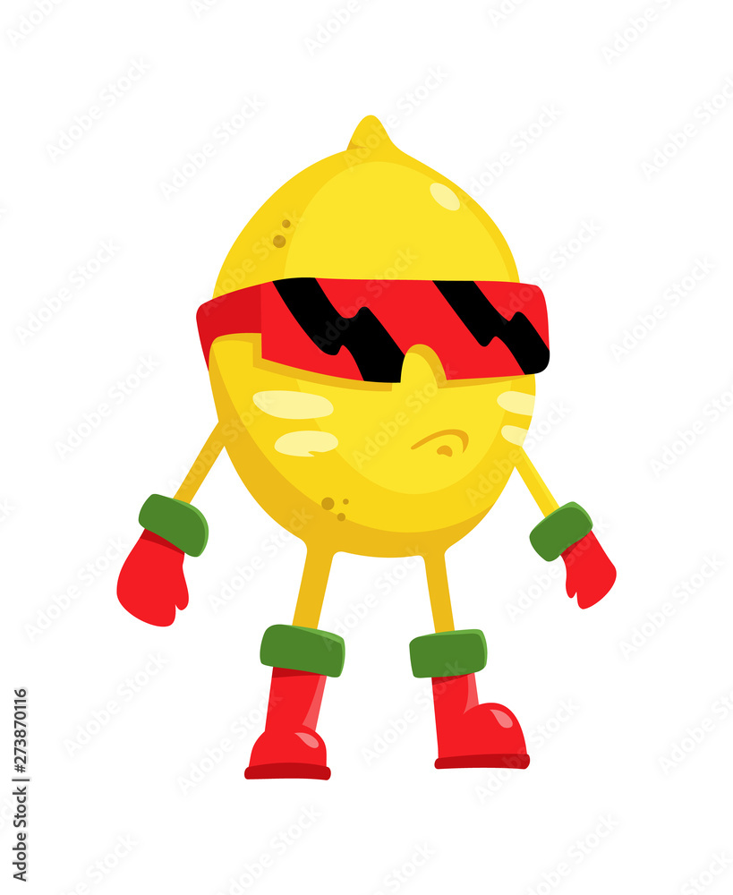 Cartoon flat character lemon superhero of fruits in mask in flat