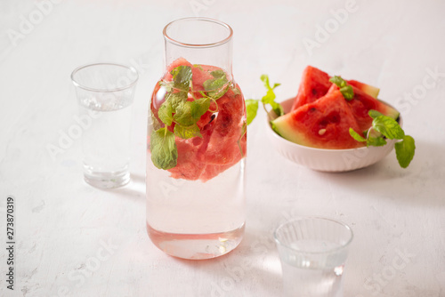 Watermelon infused water on white background