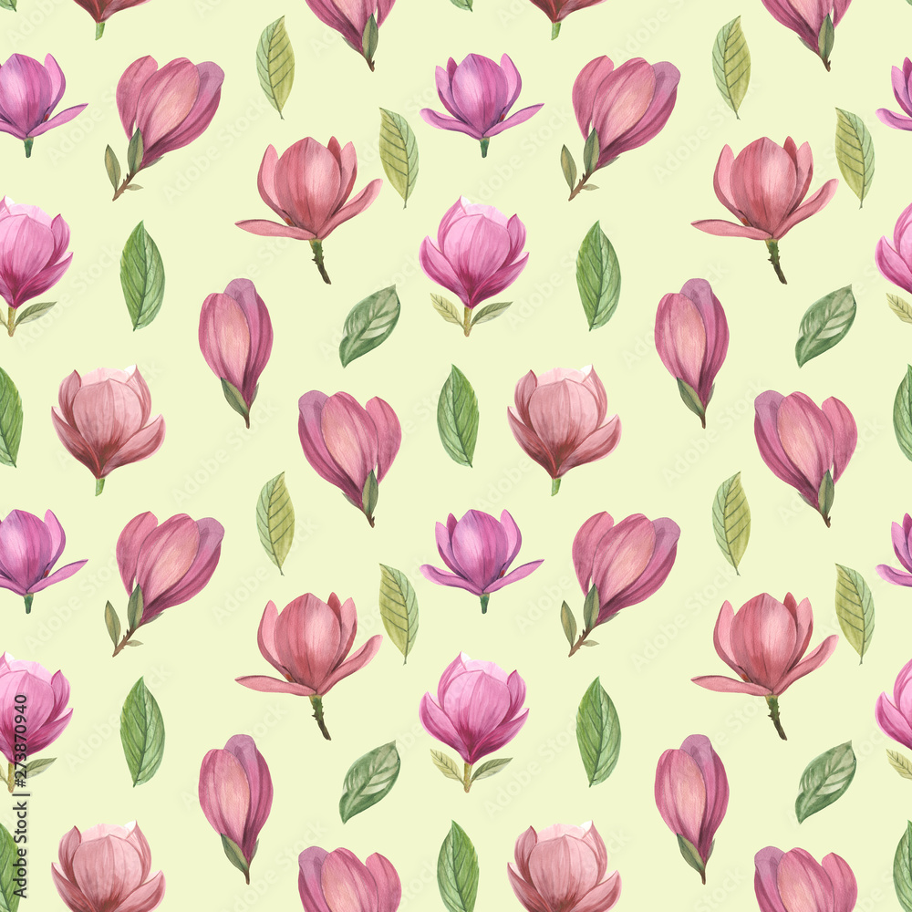 Floral seamless pattern, vintage flowers bouquet, magnolia, flowers and leaves, botanical watercolor illustration