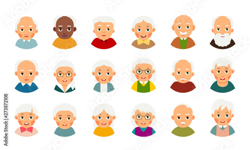 Avatar user old people. Web icon set. Modern illustration with male and female avatar user elderly people. Collection happy and smiling faces character pensioners. Isolated flat portrait on white.