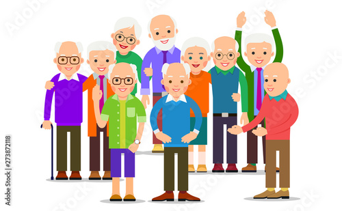Crowd people old. Elderly couple standing and smiling. Retirement teamwork concept. Friendship, family communication. Happy couple travel together. Modern flat illustration on white backdrop