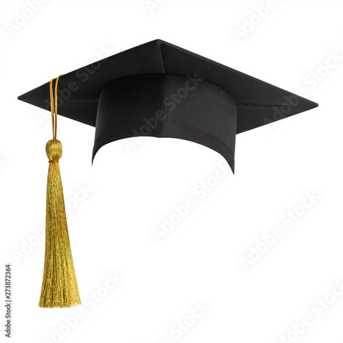 Graduation hat, Academic cap or Mortarboard in black isolated on white background with clipping path for educational phd hat design mockup and school commencement hat mock-up template