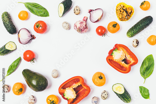 Flat lay food frame of variety of healthy fresh vegetables