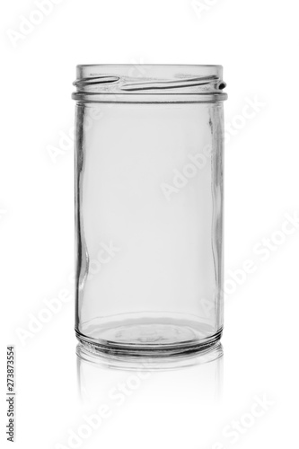 Opened glass jar without cover with reflection on a white background