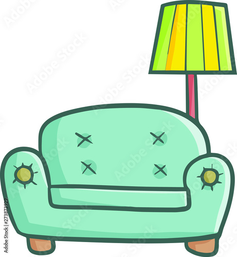 Funny and cute green sofa with standing lamp from front view