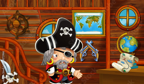 cartoon pirate in ship room planning sailing adventure illustration for childreb photo