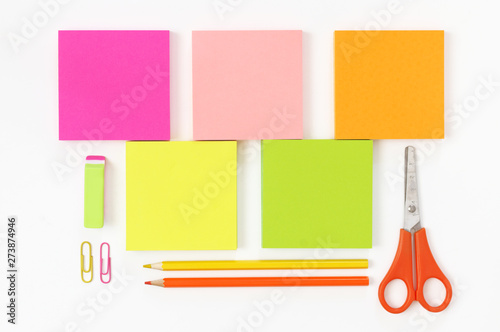 Colorful stationery set on white