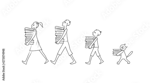 Children and cat carry folders with papers. Vector contour black image.