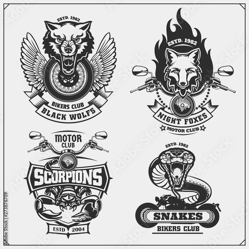 Collection of retro motorcycle labels, badges and design elements. Motor and biker club emblems with wild animals. Print design for t-shirt.