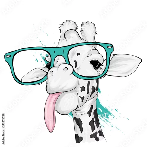 Fototapeta samoprzylepna Funny giraffe with glasses. Vector illustration for greeting card or poster. Print on clothing or printed materials. Wild animal.