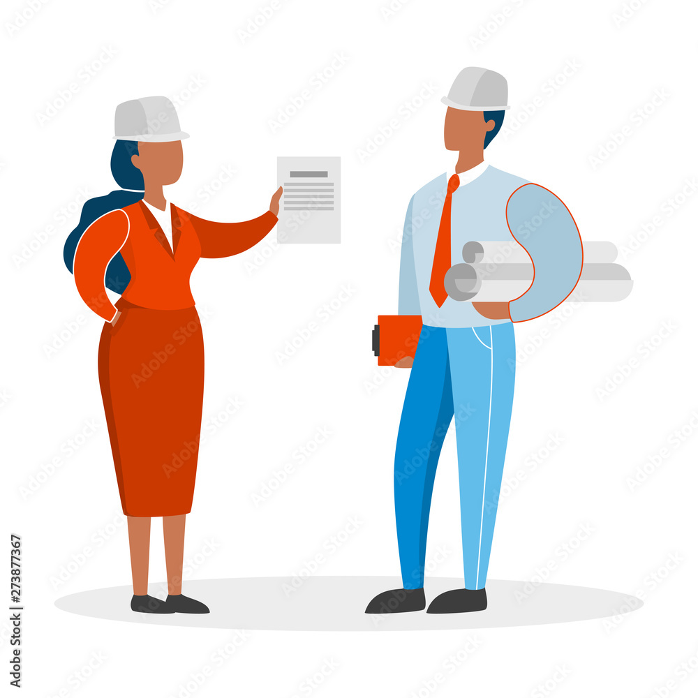 Engineer couple. Female and male character standing in helmet