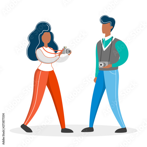Photographer couple. Female and male character holding