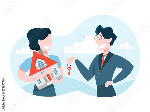 Man buy house. Real estate agent holding key