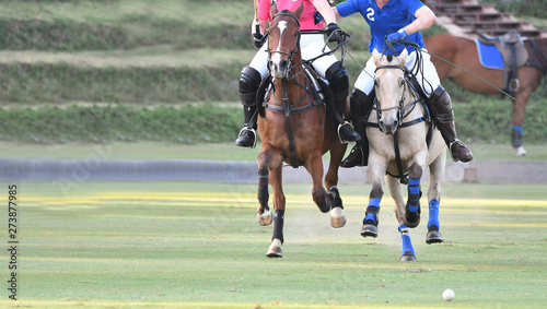 Horse polo players are competing in the polo field.
