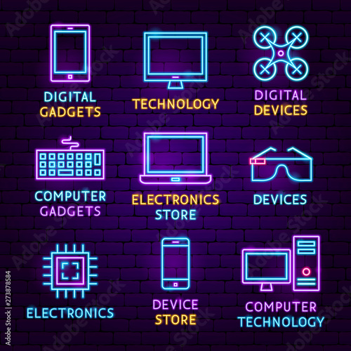 Technology Gadgets Neon Label Set