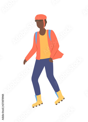 Boy rollerblading in casual clothes, full length and portrait view of man wearing helmet, person character going in rollerblades, urban activity vector