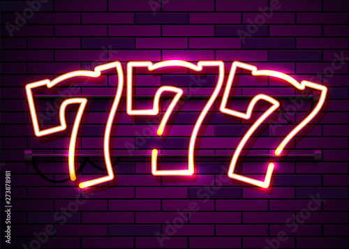 Neon 777 slots sign. Casino neon signboard. Online casino concept.